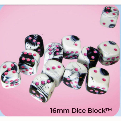 Chessex Mfg Co Llc -  Dice Menagerie 11: Gemini 16Mm D6 Black-White With Pink Dice Block (12 Dice)