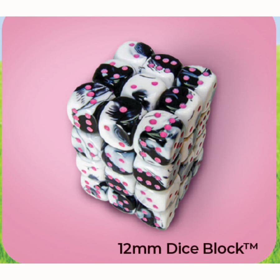 Chessex Mfg Co Llc -  Dice Menagerie 11: Gemini 12Mm D6 Black-White With Pink Dice Block (36 Dice)