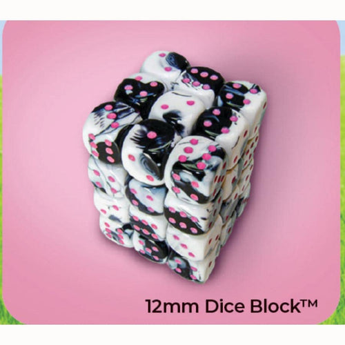 Chessex Mfg Co Llc -  Dice Menagerie 11: Gemini 12Mm D6 Black-White With Pink Dice Block (36 Dice)