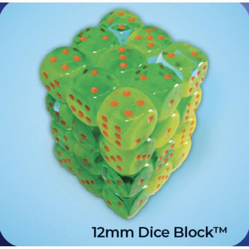 Chessex Mfg Co Llc -  Dice Menagerie 11: Gemini 12Mm D6 Plasma Green-Teal With Orange Luminary Dice Block (36 Dice)