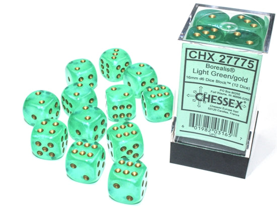 Chessex - Chessex Borealis 16Mm D6 Light Green/Gold Luminary Dice Block (12 Dice)