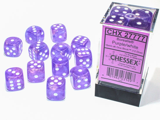 Chessex - Chessex Borealis 16Mm D6 Purple/White Luminary Dice Block (12 Dice)