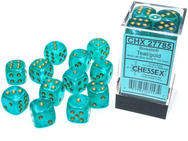 Chessex - Chessex Borealis 16Mm D6 Teal/Gold Luminary Dice Block (12 Dice)