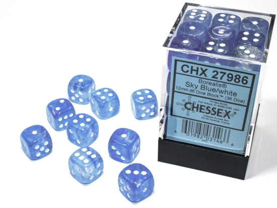 Chessex - Chessex Borealis 12Mm D6 Sky Blue/White Luminary Dice Block (36 Dice)