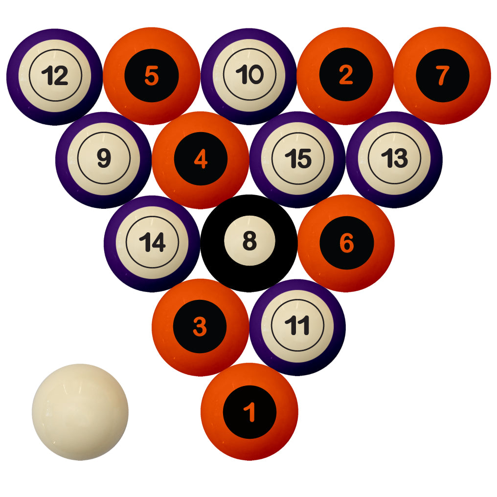 CLEMSON SCHOOL COLOR NUMBERED BILLIARD BALL SET ORANGE SOLID/PURPLE STRIPE - CLMBBS100N