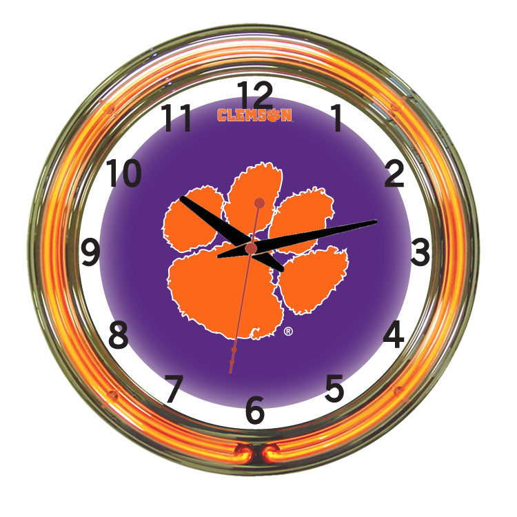 CLEMSON NEON WALL CLOCK - 18'' PURPLE FACE / ORANGE NEON - CLMNWC200-18