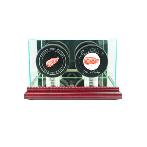 Double Hockey Puck Display Case with Cherry Moulding
