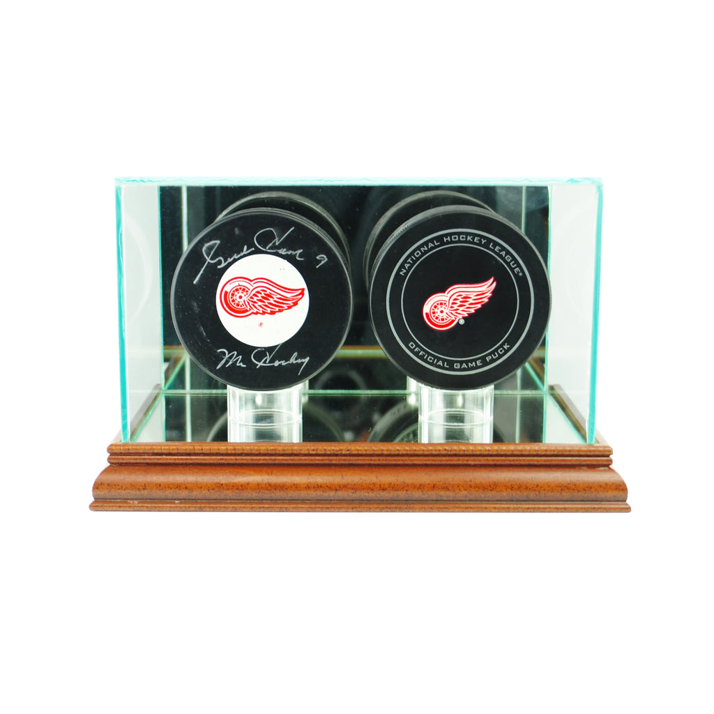 Double Hockey Puck Display Case with Walnut Moulding