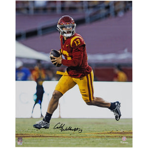 Caleb Williams USC Trojans Autographed 16'' x 20'' Red Jersey Scramble Photograph