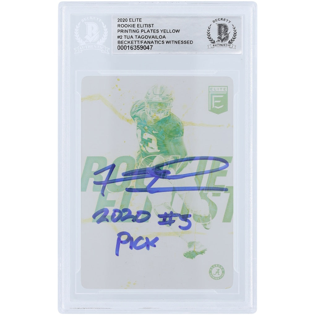 Tua Tagovailoa Alabama Crimson Tide Autographed 2020 Panini Donruss Elite Rookie Elitist Yellow Printing Plates #2 #1/1 Beckett Fanatics Witnessed Authenticated Rookie Card with ''2020 #5 PICK'' Inscription