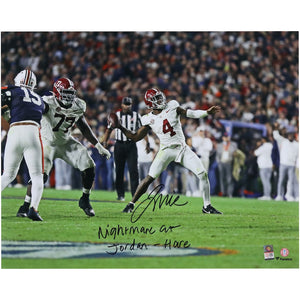 Jalen Milroe Alabama Crimson Tide Autographed 16'' x 20'' 4th and 31 Throwing Photograph with ''Nightmare at Jordan-Hare'' Inscription