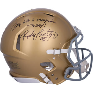 Rudy Ruettiger Notre Dame Fighting Irish Autographed Riddell Gold Speed Authentic Helmet with ''Play like a Champion Today!'' Inscription