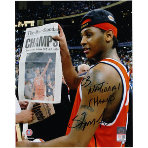 Carmelo Anthony Syracuse Orange Autographed 8' x 10'' Holding Newspaper Photograph with ''03 National Champ'' Inscription