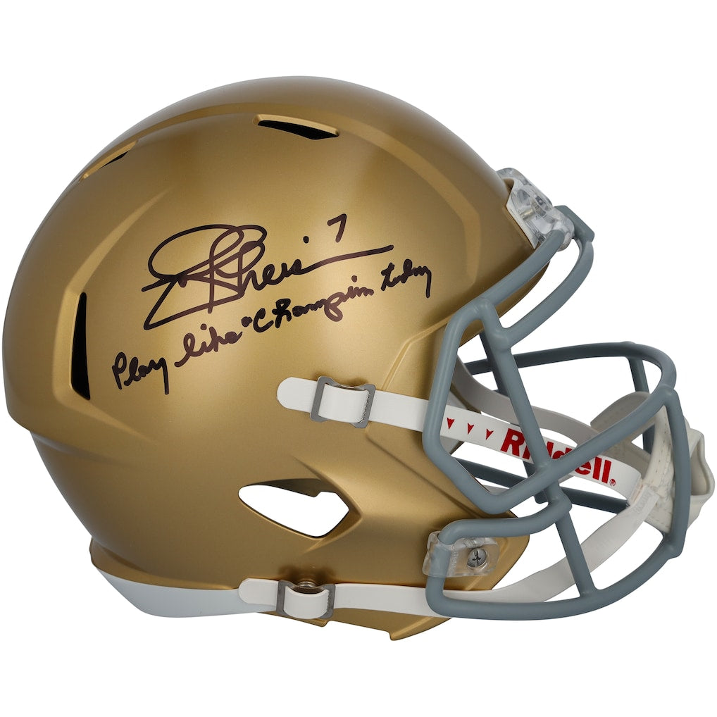 Joe Theismann Notre Dame Fighting Irish Autographed Riddell Speed Replica Helmet with ''Play Like a Champion Today'' Inscription