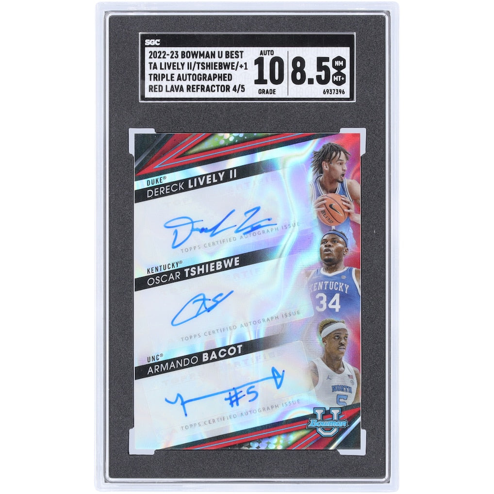 Armando Bacot, Dereck Lively II & Oscar Tshiebwe Autographed 2022-23 Bowman U Best Triple Red Lava Refractor #TA-LTB #4/5 SGC Authenticated 8.5/10 Card
