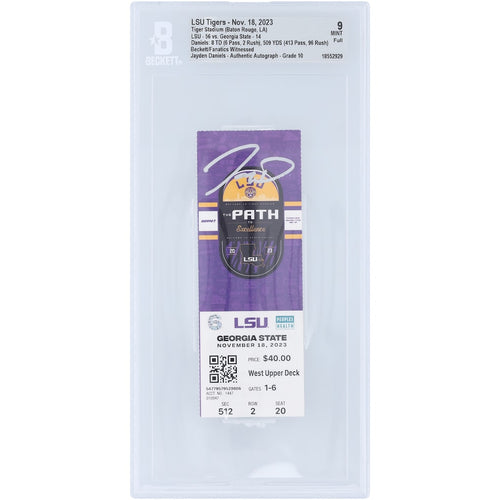 Jayden Daniels LSU Tigers Autographed 509 Total Yards, 8 Total Touchdown Game Beckett Fanatics Witnessed Authenticated 9/10 Ticket from November 18, 2023