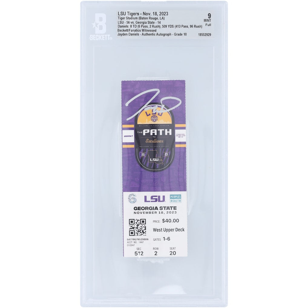 Jayden Daniels LSU Tigers Autographed 509 Total Yards, 8 Total Touchdown Game Beckett Fanatics Witnessed Authenticated 9/10 Ticket from November 18, 2023