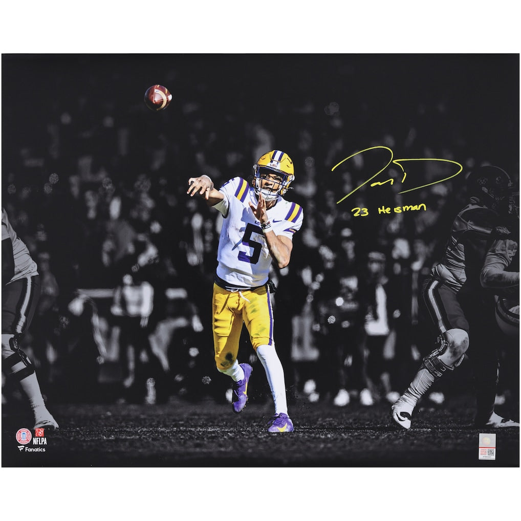 Jayden Daniels LSU Tigers Autographed 16'' x 20'' Throwing Spotlight Photograph with ''23 Heisman'' Inscription