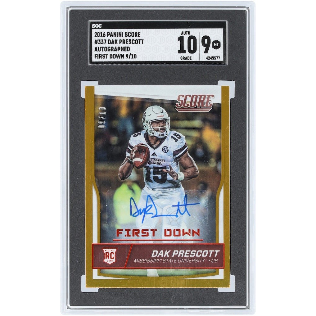 Dak Prescott Mississippi State Bulldogs Autographed 2016 Panini Score First Down Gold #337 #9/10 SGC Authenticated 9/10 Rookie Card
