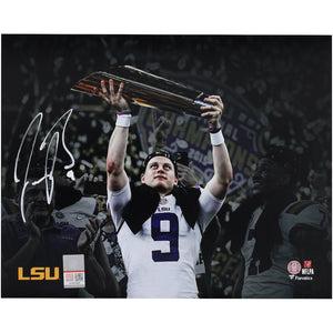 Joe Burrow LSU Tigers Autographed 8'' x 10'' Holding CFP Championship Trophy Spotlight Photograph - Signed in White Ink