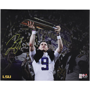 Joe Burrow LSU Tigers Autographed 16'' x 20'' Holding CFP Championship Trophy Spotlight Photograph