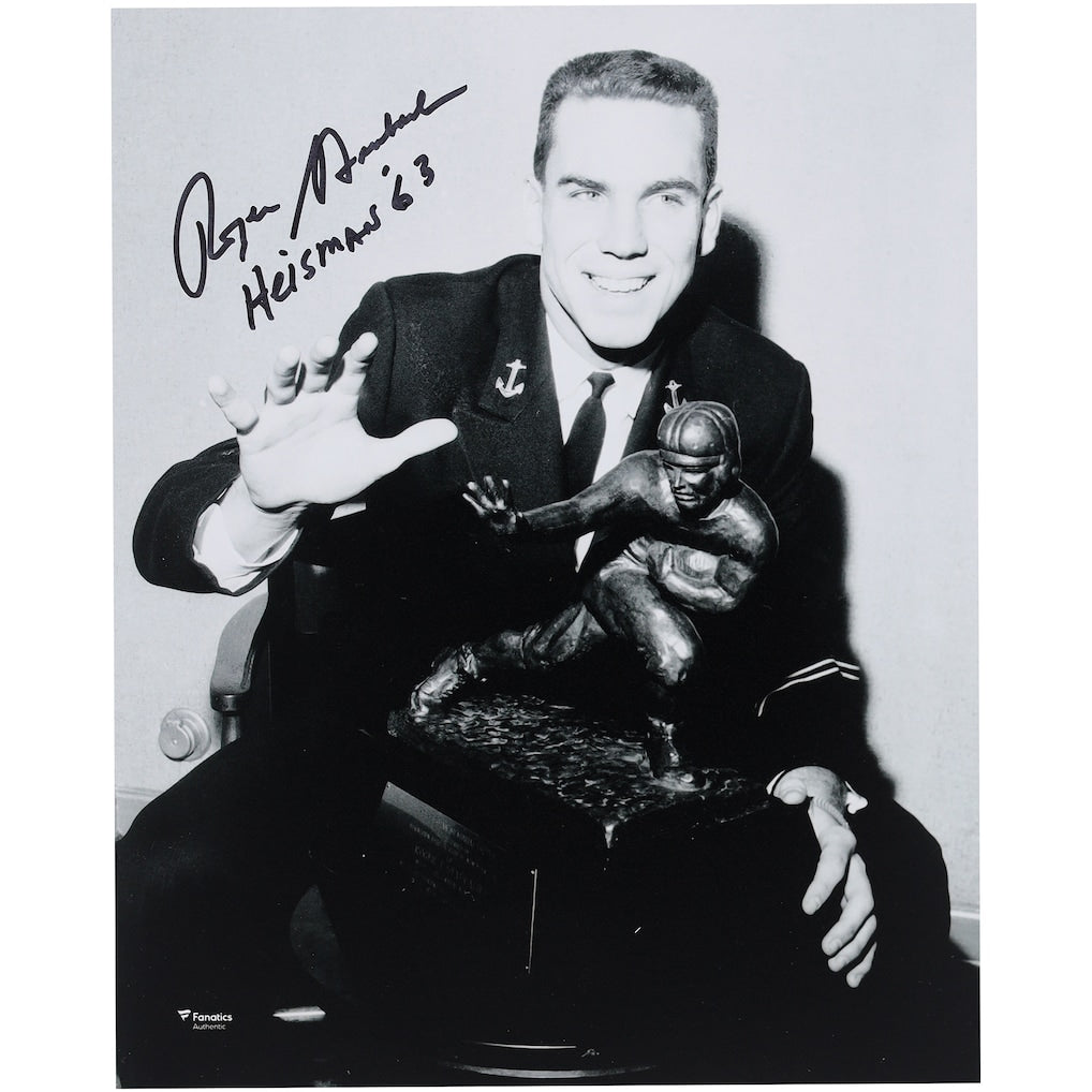 Roger Staubach Navy Midshipmen Autographed 8'' x 10'' Posing with the Heisman Trophy Photograph with ''Heisman '63'' Inscription