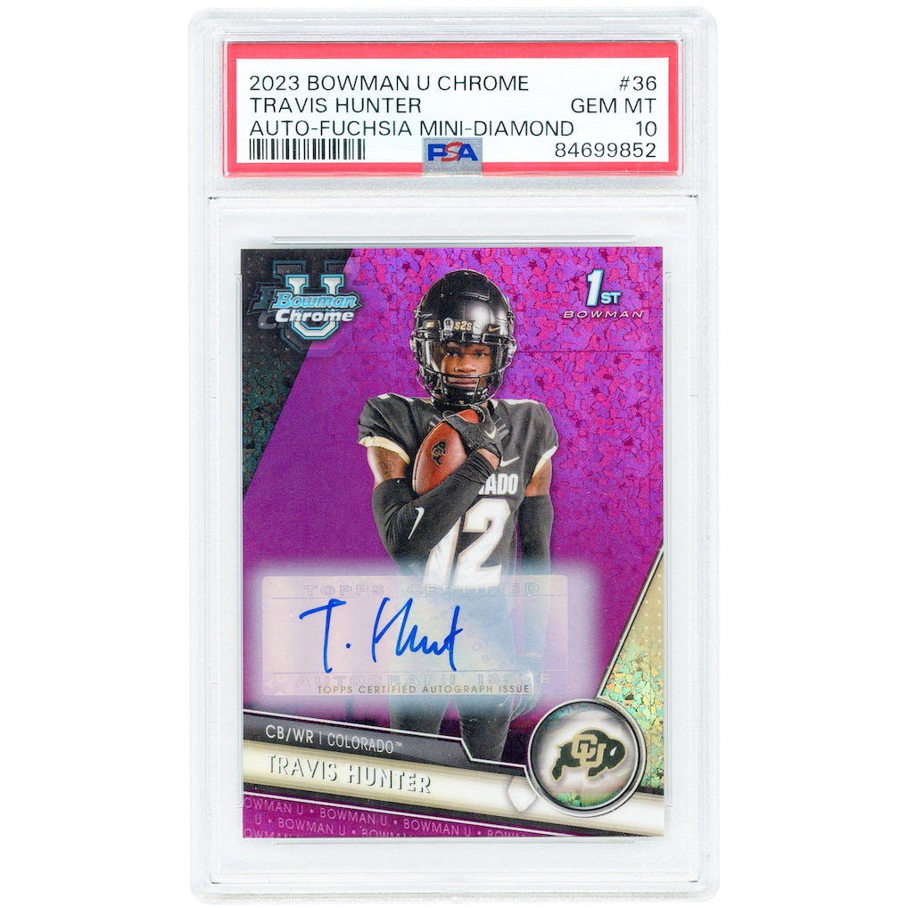 Travis Hunter Colorado Buffaloes Autographed 2023 Bowman U Chrome Fuchsia Mini Diamond Refractor #36 #54/150 PSA Authenticated 10 Card