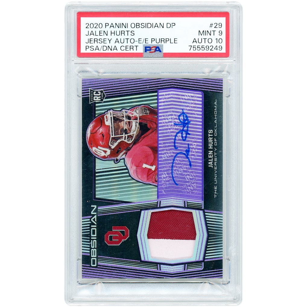 Jalen Hurts Oklahoma Sooners Autographed 2020 Panini Chronicles Draft Picks Obsidian Purple Etch Dual-Color Jersey Relic #29 #12/20 PSA Authenticated 9/10 Rookie Card