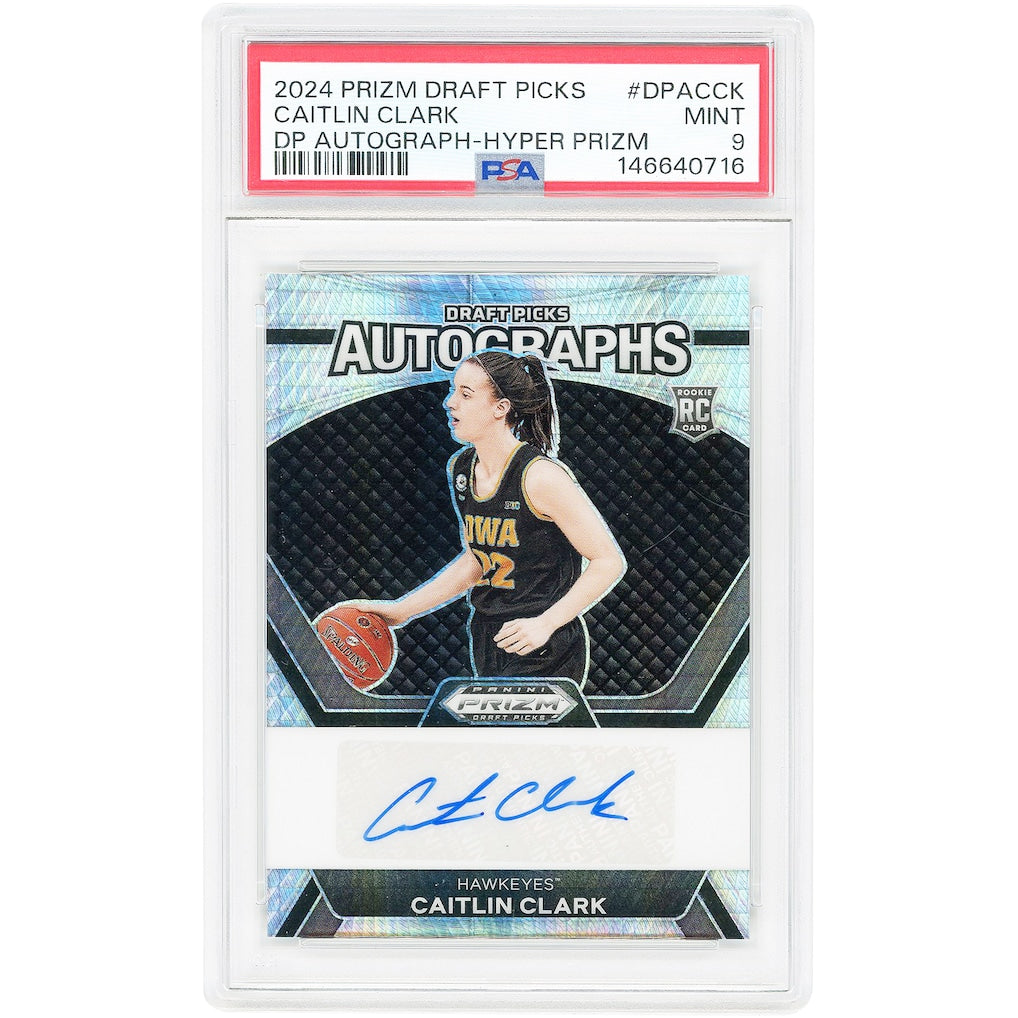 Caitlin Clark Iowa Hawkeyes Autographed 2024 Panini Prizm Draft Picks Hyper Prizm #DPA-CCK PSA Authenticated 9 Rookie Card
