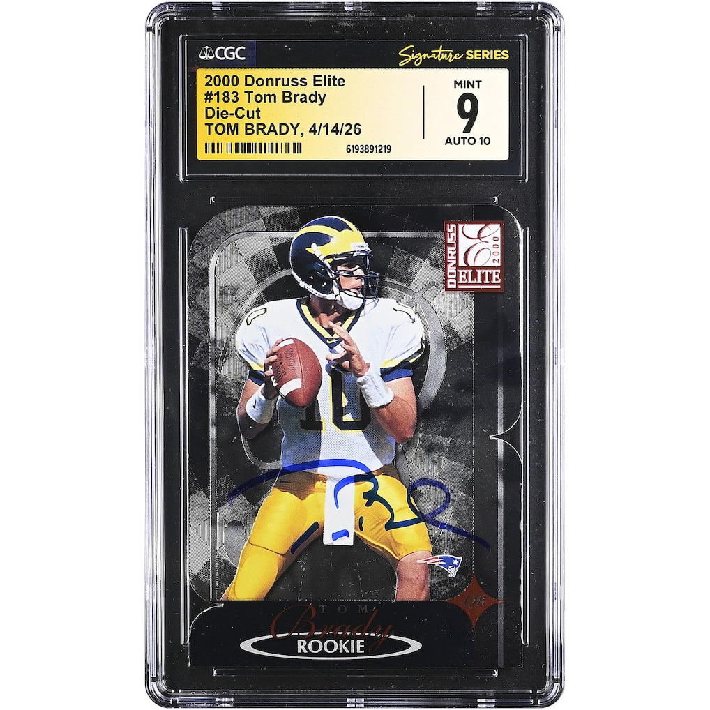Tom Brady Michigan Wolverines Autographed 2000 Donruss Elite Die-Cut #183 CGC Fanatics Witnessed Authenticated 9/10 Rookie Card