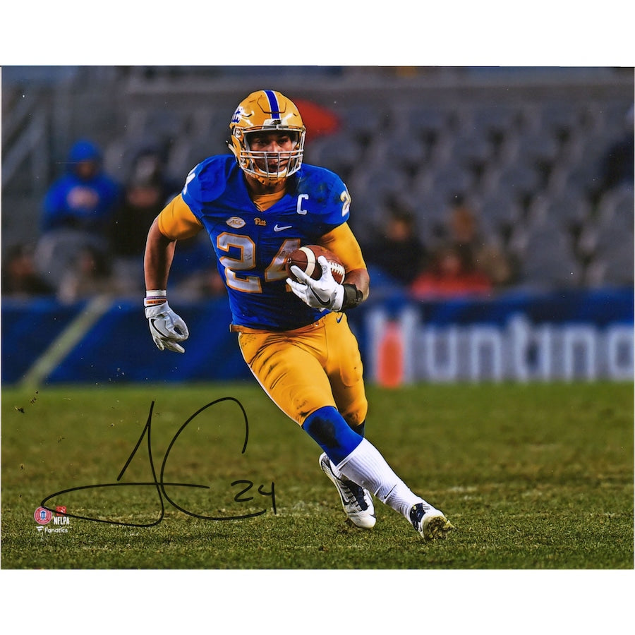 James Conner Pitt Panthers Autographed 8'' x 10'' Blue Jersey Rushing Photograph