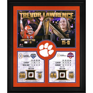 Trevor Lawrence Clemson Tigers Framed Autographed 2018 College Football Playoff Champions Collage with a Piece of Game Used Football from both the 2018 Cotton Bowl and 2019 National Championship Game - Limited Edition of 16