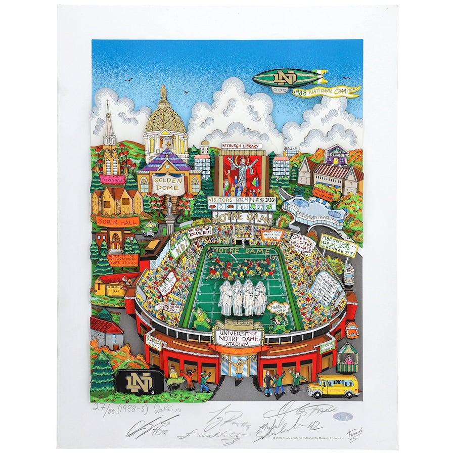 1988 Notre Dame Fighting Irish 20'' x 24'' Artwork with 5 Signatures - Artist Charles Fazzino