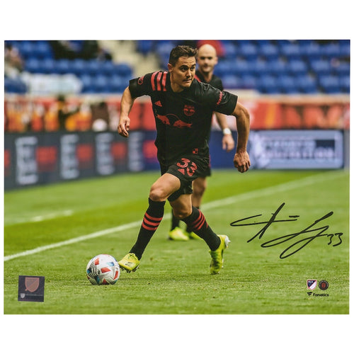 Aaron Long New York Red Bulls Autographed 8'' x 10'' Black Jersey Dribbling Photograph