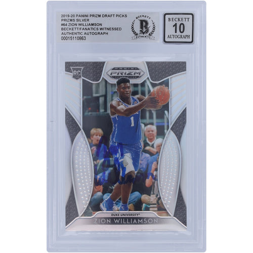 Zion Williamson Duke Blue Devils Autographed 2019-20 Panini Prizm Draft Picks Silver #64 Beckett Fanatics Witnessed Authenticated 10 Rookie Card
