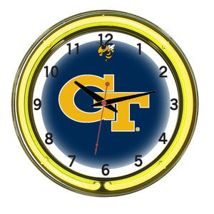 GEORGIA TECH NEON WALL CLOCK - 18'' NAVY BLUE FACE / YELLOW NEON - GATNWC100-18
