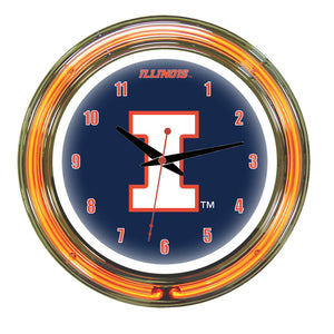 ILLINOIS NEON WALL CLOCK - 14'' BLUE FACE / ORANGE NEON - ILLNWC200-14