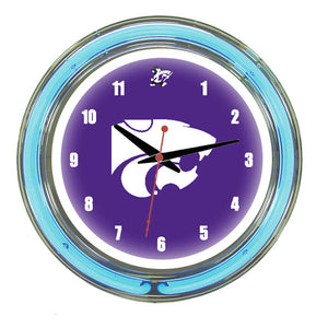 KANSAS STATE NEON WALL CLOCK - 14'' PURPLE FACE / BLUE NEON - KSUNWC100-14