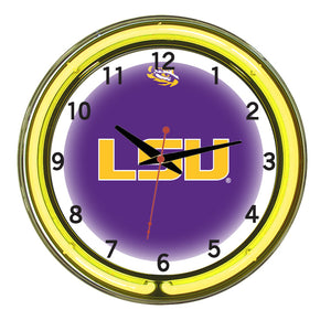 LOUISIANA STATE NEON WALL CLOCK - 18'' PURPLE FACE / YELLOW NEON - LSUNWC200-18