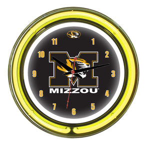 MIZZOU NEON WALL CLOCK - 14'' BLACK FACE / YELLOW NEON - MIZNWC100-14