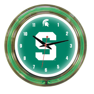 MICHIGAN STATE NEON WALL CLOCK - 14'' GREEN FACE / GREEN NEON - MSUNWC100-14