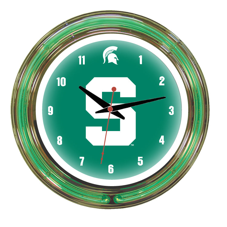 MICHIGAN STATE NEON WALL CLOCK - 14'' GREEN FACE / GREEN NEON - MSUNWC100-14