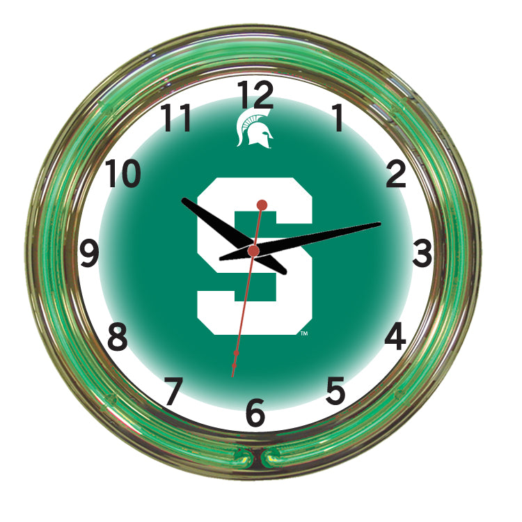 MICHIGAN STATE NEON WALL CLOCK - 18'' GREEN FACE / GREEN NEON - MSUNWC100-18