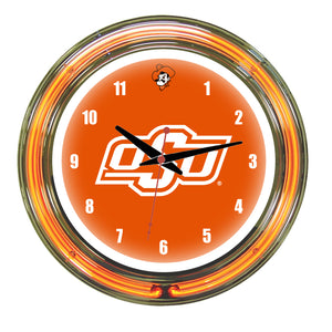 OKLAHOMA STATE NEON WALL CLOCK - 14'' ORANGE FACE / ORANGE NEON - OKSNWC200-14