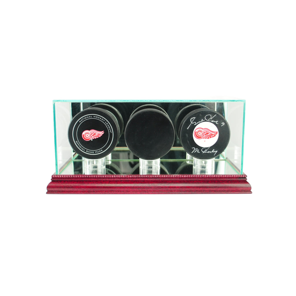 Triple Hockey Puck Display Case with Cherry Moulding