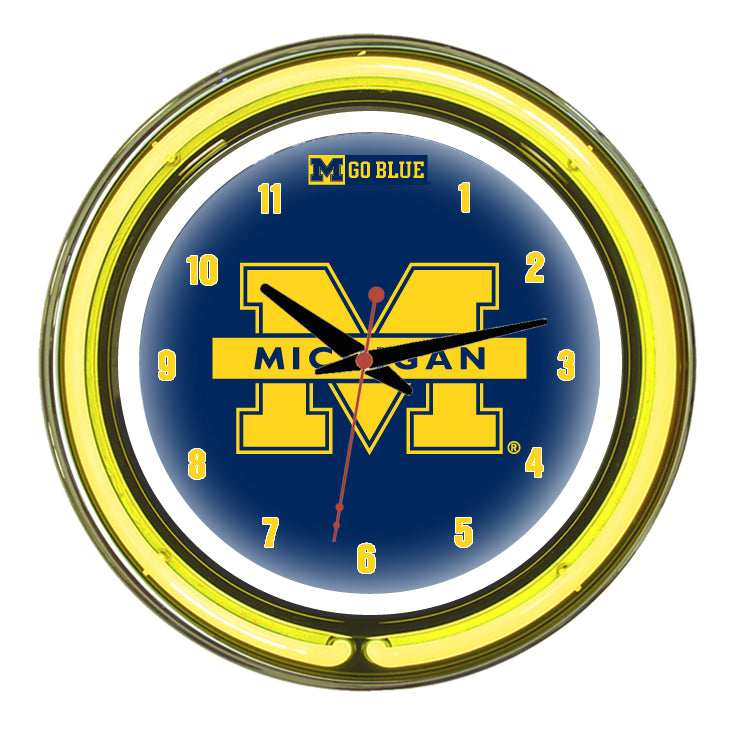 MICHIGAN NEON WALL CLOCK - 14'' BLUE FACE / YELLOW NEON - UMINWC100-14