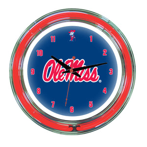 MISSISSIPPI   NEON WALL CLOCK - 14'' NAVY BLUE FACE / RED NEON - UMSNWC100-14