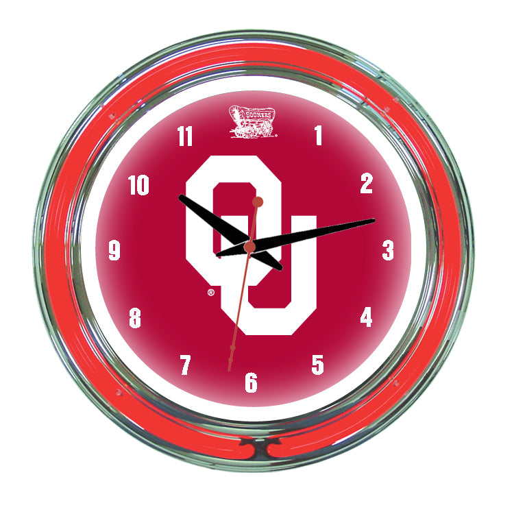 OKLAHOMA NEON WALL CLOCK - 14'' CRIMSON FACE / RED NEON - UOKNWC100-14