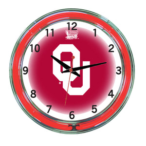OKLAHOMA NEON WALL CLOCK - 18'' CRIMSON FACE / RED NEON - UOKNWC100-18