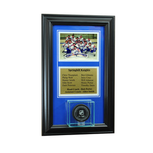 Wall Mounted Hockey Puck Case with 5x7 and Engraving Plate for Team Award